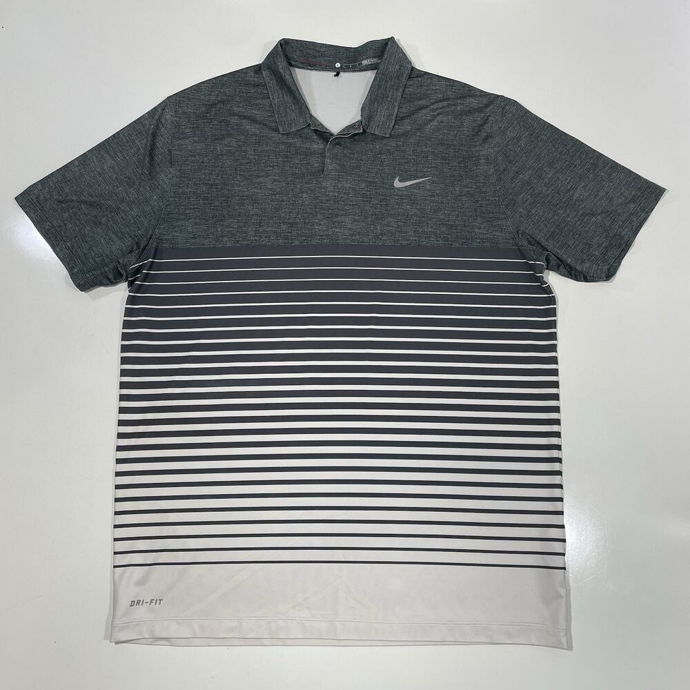 Nike Tiger Woods Mens Golf Polo Shirt White Gray Striped Dri-Fit Polyester Large